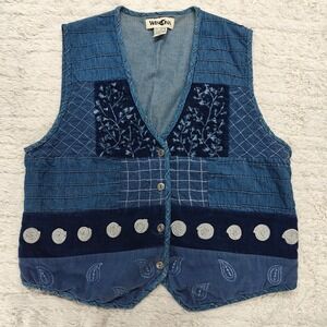 VTG Winona Denim Patchwork Vest Womens L Cottagecore Prairie Cotton Cowgirl Boho